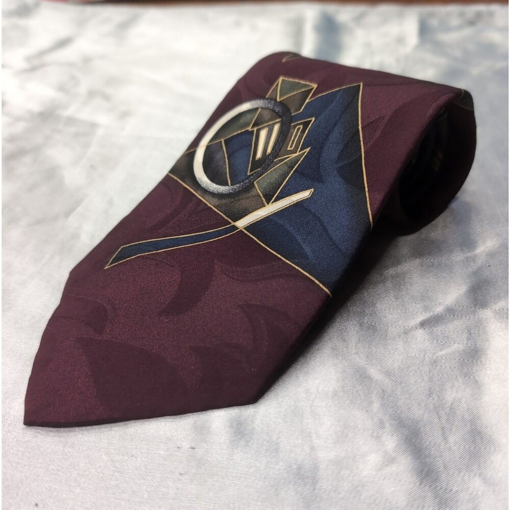 Vintage Brinelli Silk Necktie – Abstract Geometric Burgundy & Gold Retro Tie